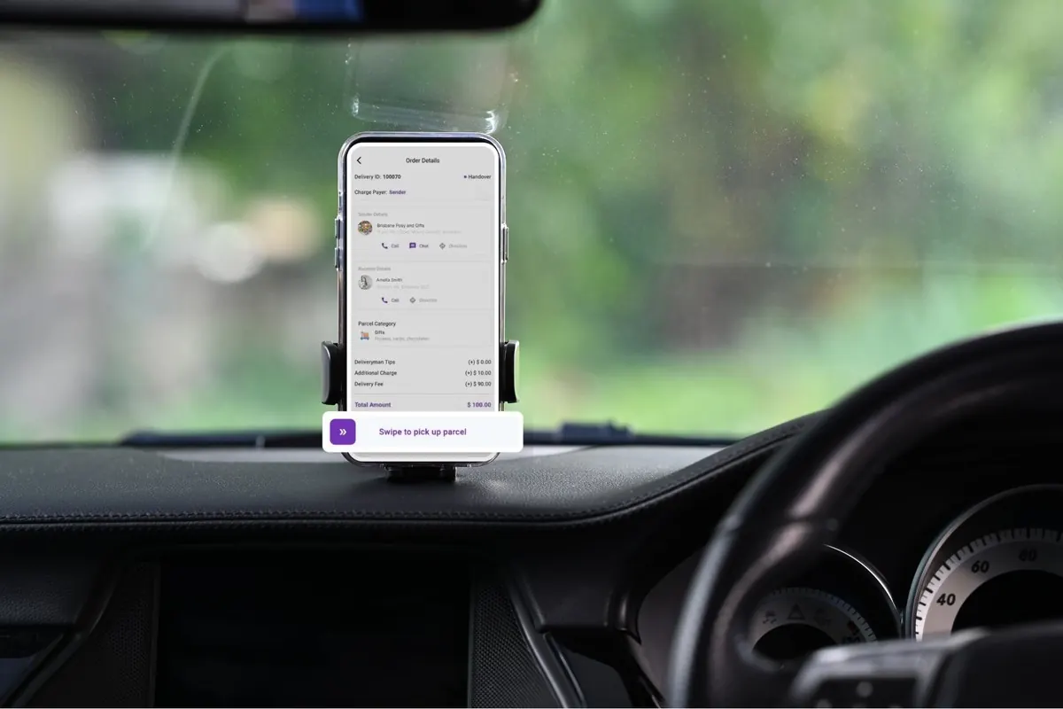 LD Rider app showing order details on car mount in Brisbane