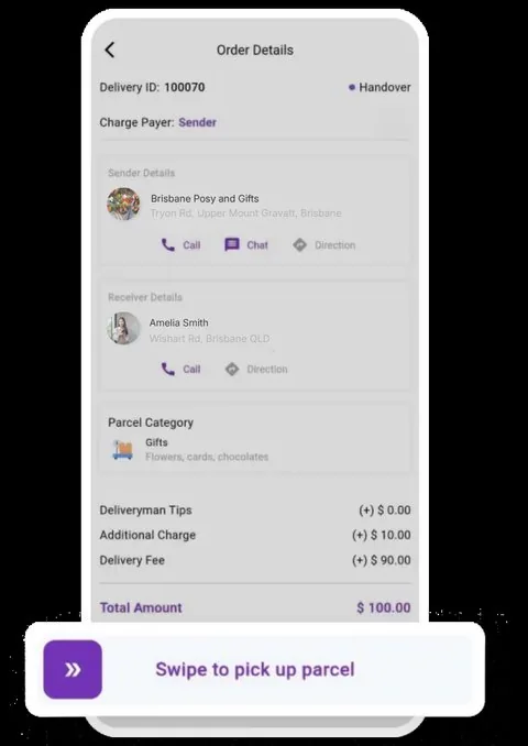LD Rider order details showing sender receiver and delivery fee Brisbane
