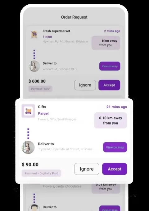 LD Rider order request screen showing Brisbane pickup and Accept button