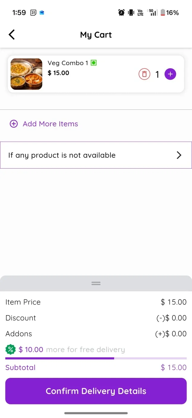 LocalDesi app checkout for tiffin and food orders