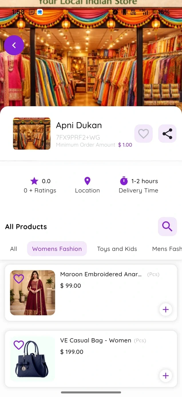 LocalDesi app preview, local bazaar store