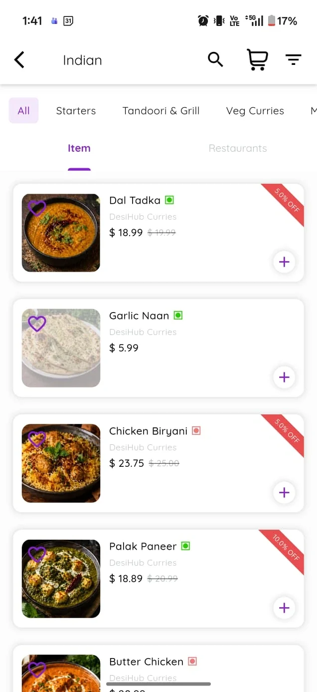 Restaurant menu view for vegetarian food delivery Brisbane