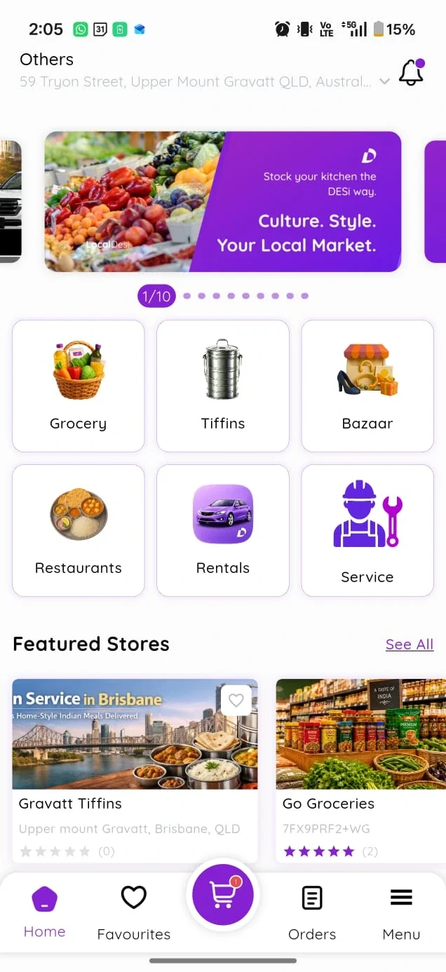 LocalDesi home screen showing South Asian groceries Brisbane and multiple modules in one app