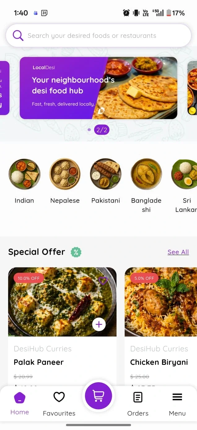 LocalDesi app restaurant discovery screen for Indian food delivery in Brisbane