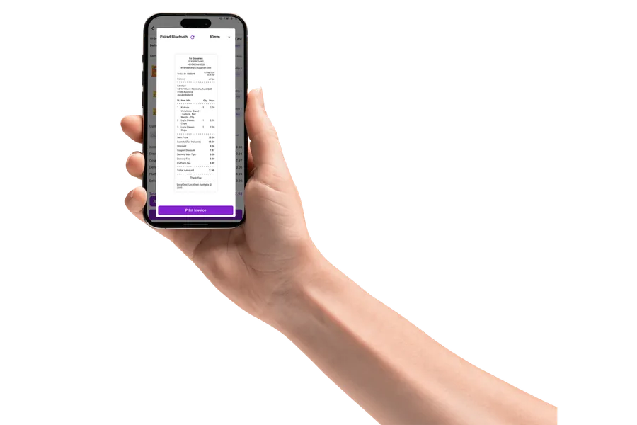 Hand holding phone showing LD Vendor app thermal receipt print invoice for Go Groceries Archerfield QLD Brisbane order