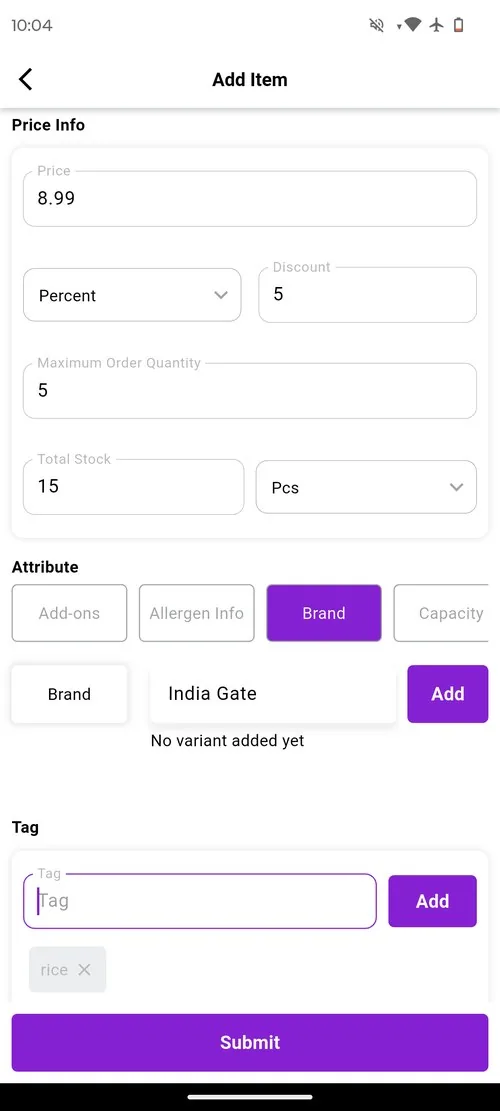 LD Vendor app add new product screen with item name, price, image upload and description fields