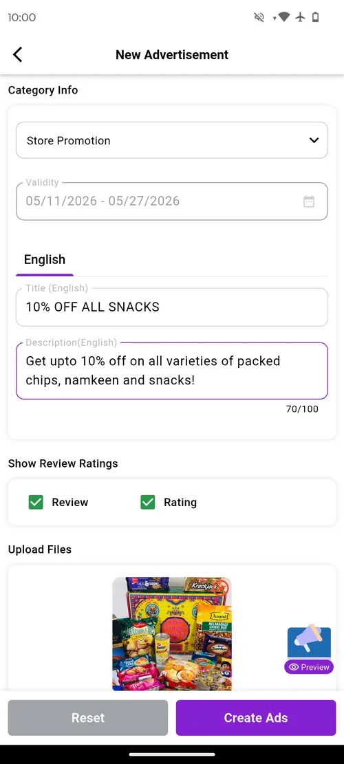 LD Vendor app create advertisement screen for store promotion on LocalDesi Brisbane
