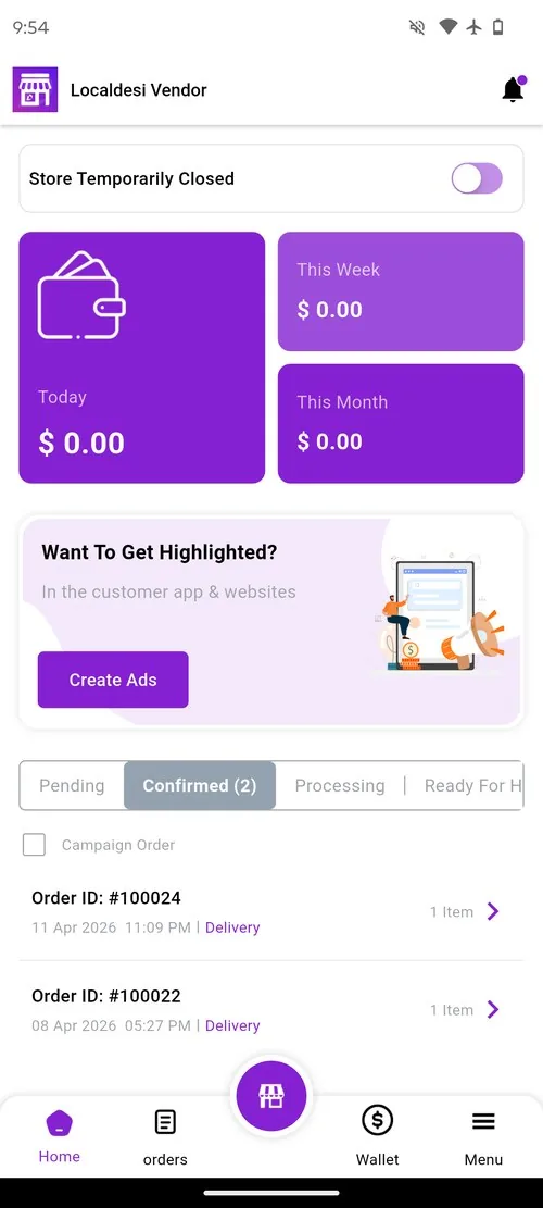 LD Vendor app dashboard showing active orders and store management