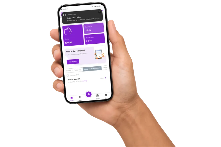 LD Vendor app dashboard showing order notification and wallet earnings on phone