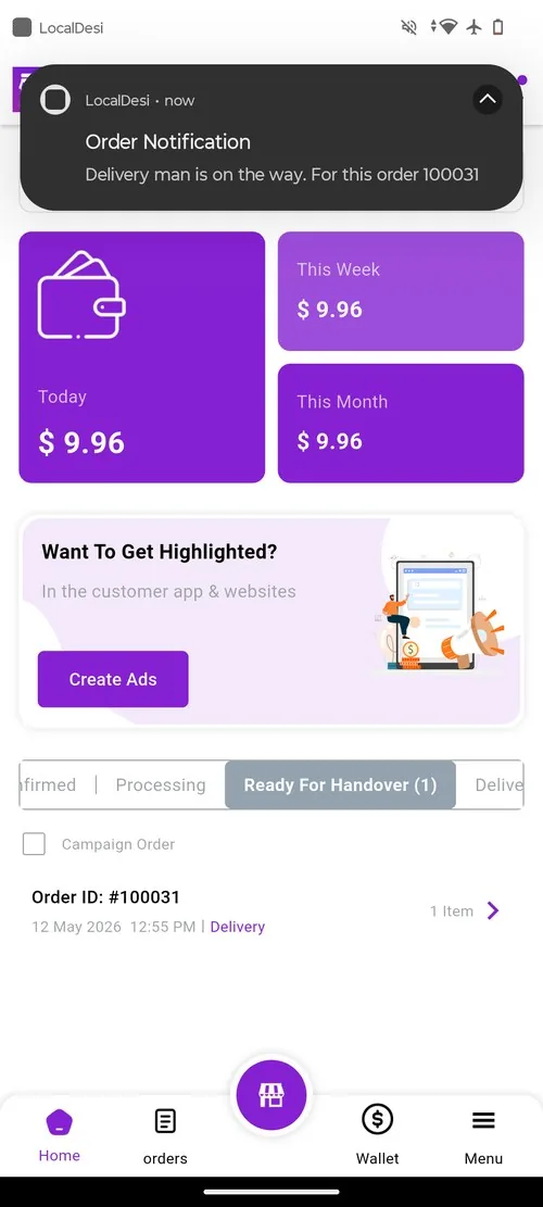 LD Vendor app live delivery man notification and order management dashboard
