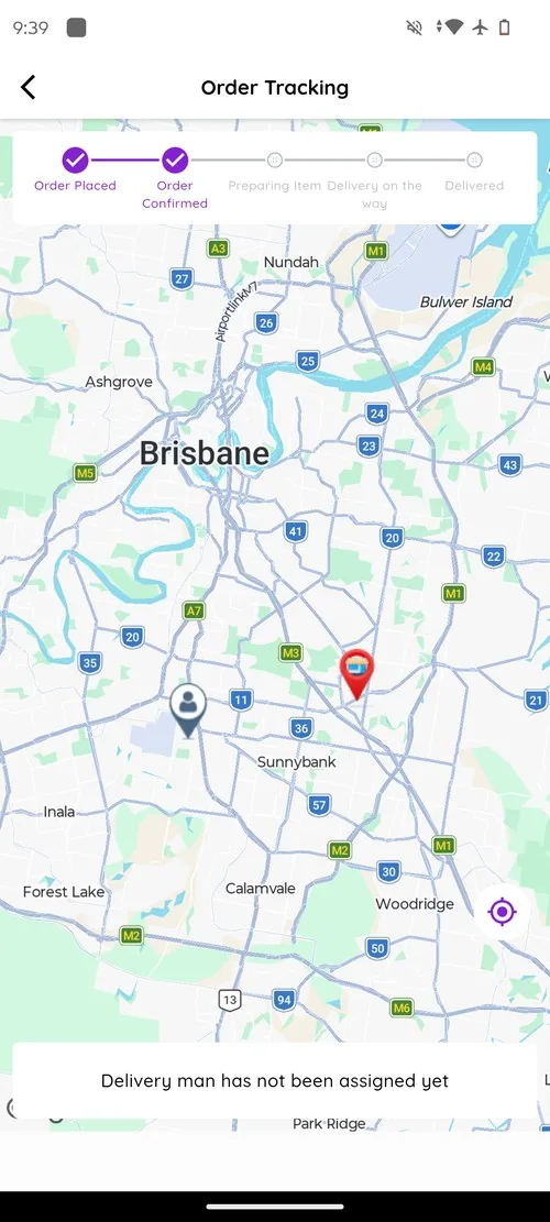LD Vendor app live order tracking map showing Brisbane delivery route from store to customer