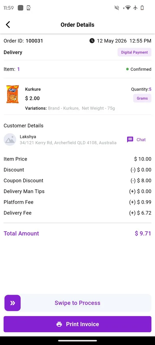 LD Vendor app order confirmed, Order 100031 Kurkure Archerfield QLD Brisbane Swipe to Process