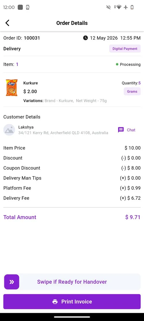 LD Vendor app order processing, Swipe if Ready for Handover