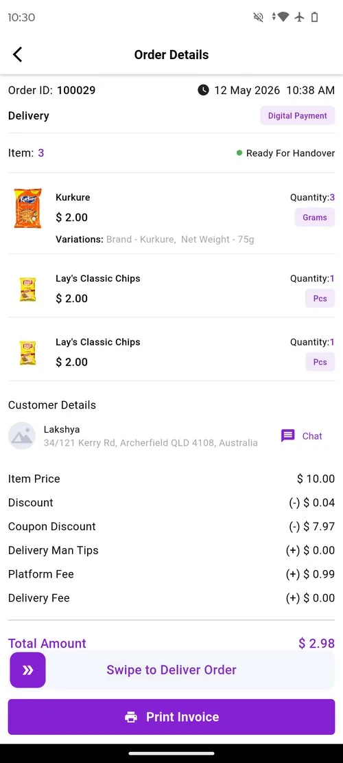 LD Vendor app order ready for delivery, Swipe to Deliver Order Archerfield Brisbane