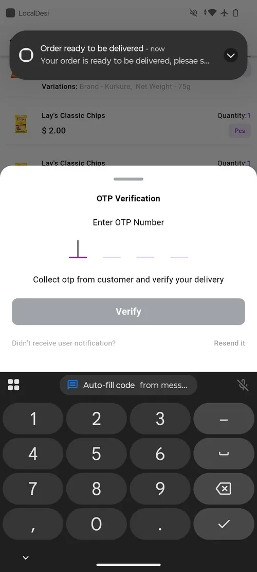 LD Vendor app OTP verification screen for secure delivery confirmation