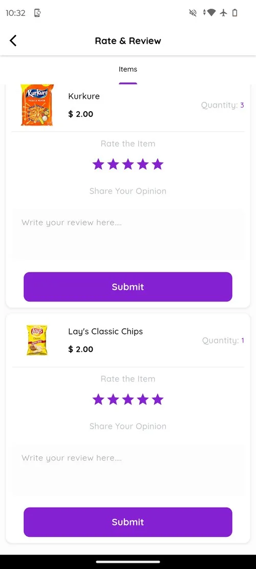 LocalDesi customer rate and review orders screen with 5 star rating